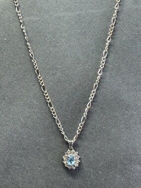 Silver Necklace with Blue Gemstone Halo Pendant